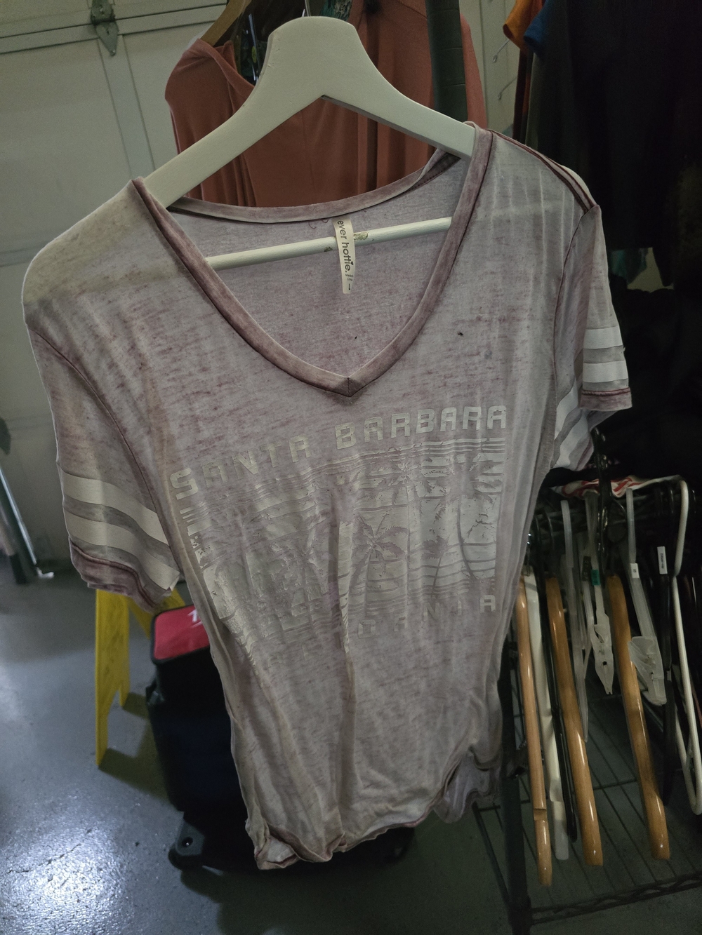 Santa Barbara Graphic V-Neck Tee in Faded Lavender. Sheer Fabric.